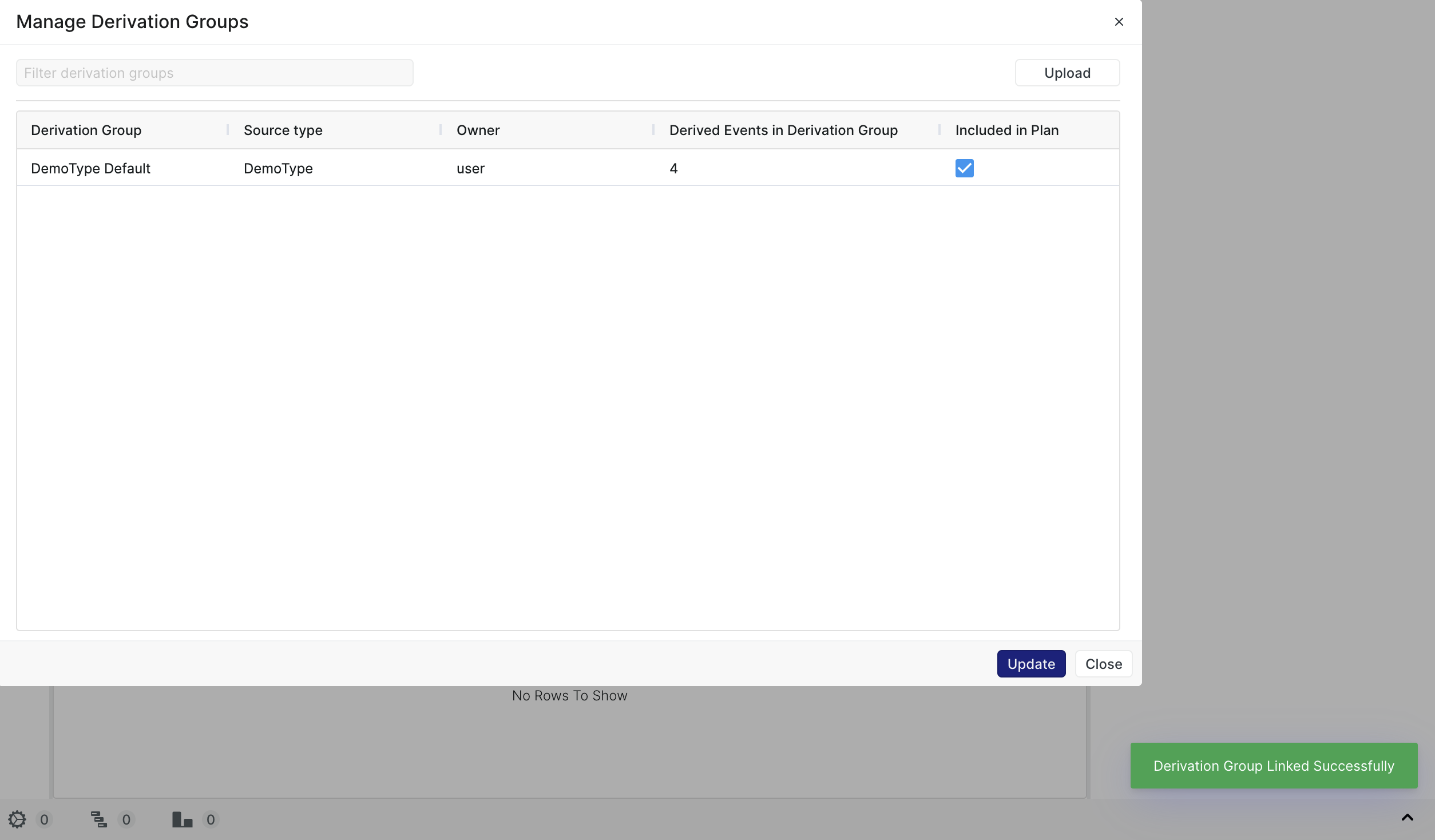 The Manage Derivation Groups modal after the Derivation Group has been associated