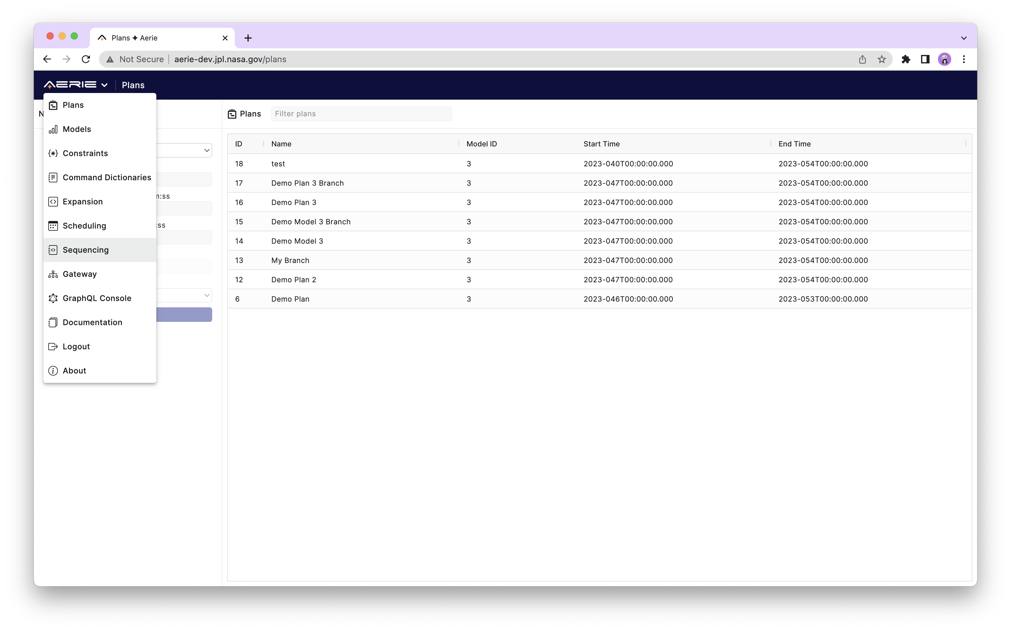 Navigate to Aerie sequencing editor