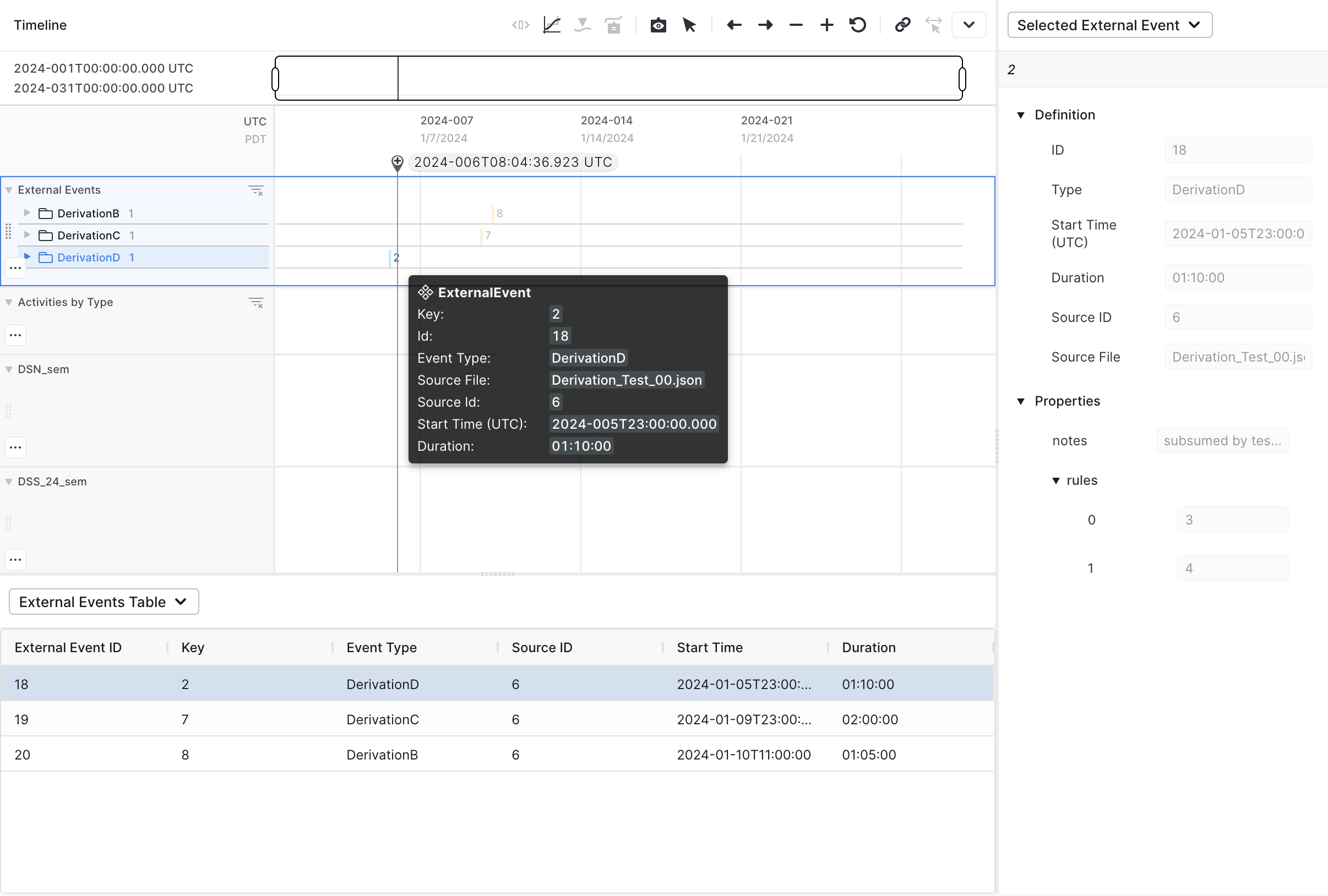 Figure 18: The selected External Event view and a table of External Events, working in tandem