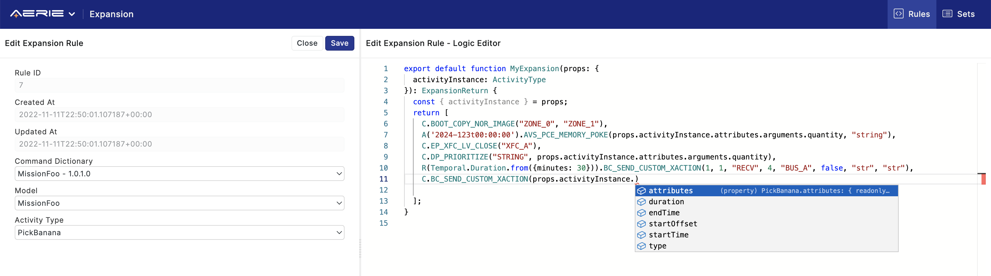 Aerie UI Expansion Rules Editor - Command Arguments for Activity