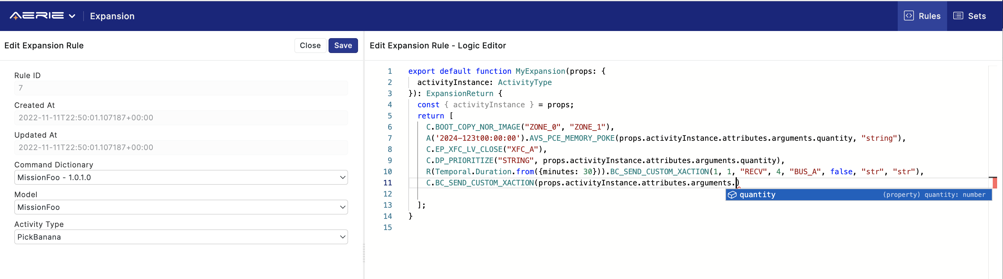 Aerie UI Expansion Rules Editor - Command Arguments for Activity