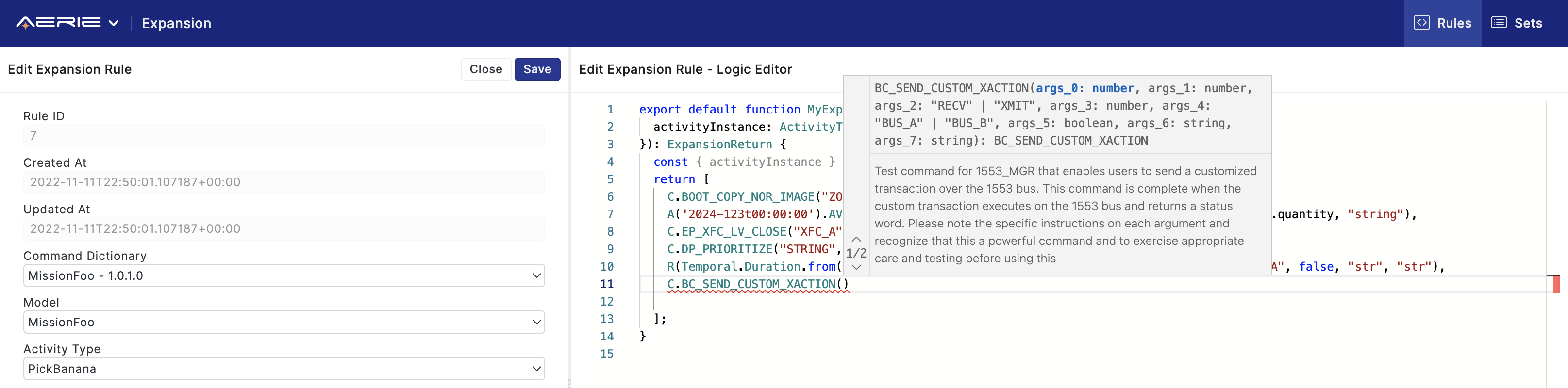 Aerie UI Expansion Rules Editor - Command Arguments Error