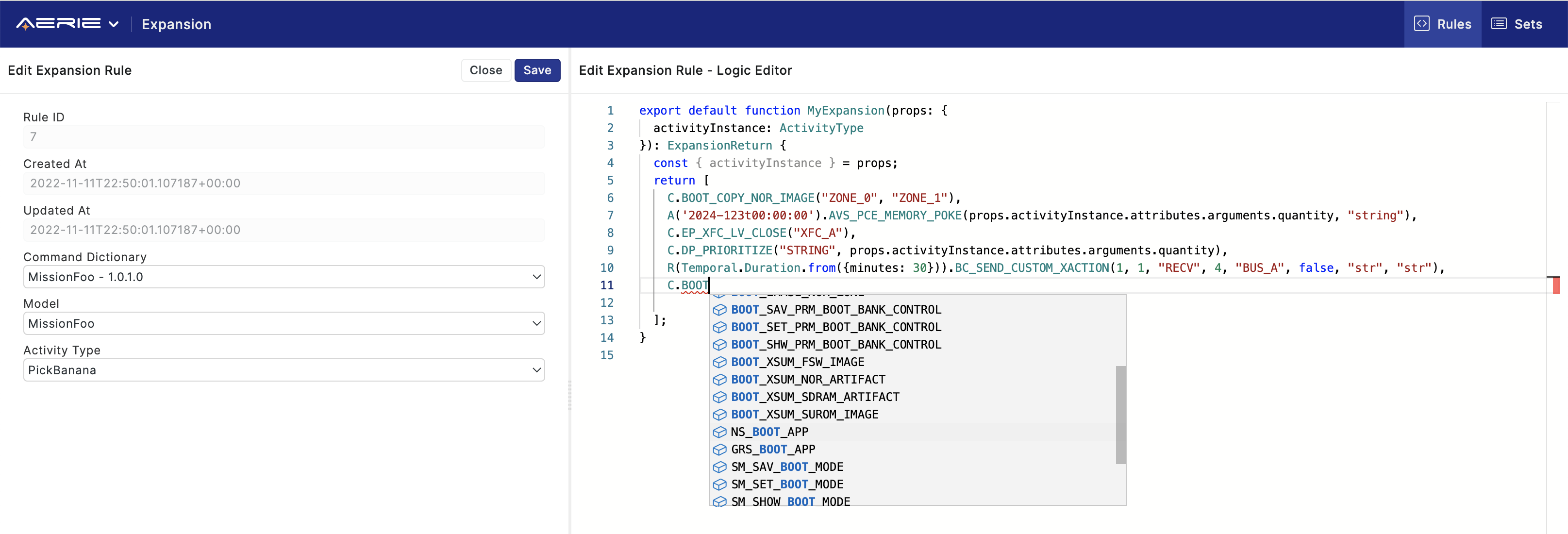 Aerie UI Expansion Rules Editor - Command Autocomplete