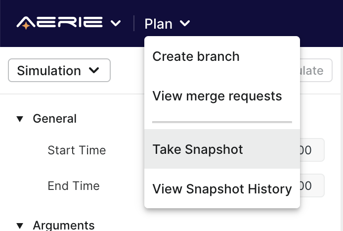 Aerie UI - Expanded drop down under Plan in the Navbar, the option 'Take Snapshot' is highlighted