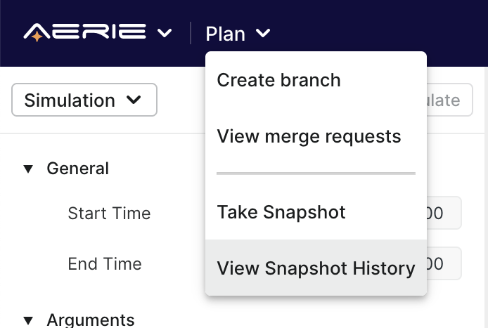 Aerie UI - Expanded drop down under Plan in the Navbar, the option 'View Snapshot' is highlighted