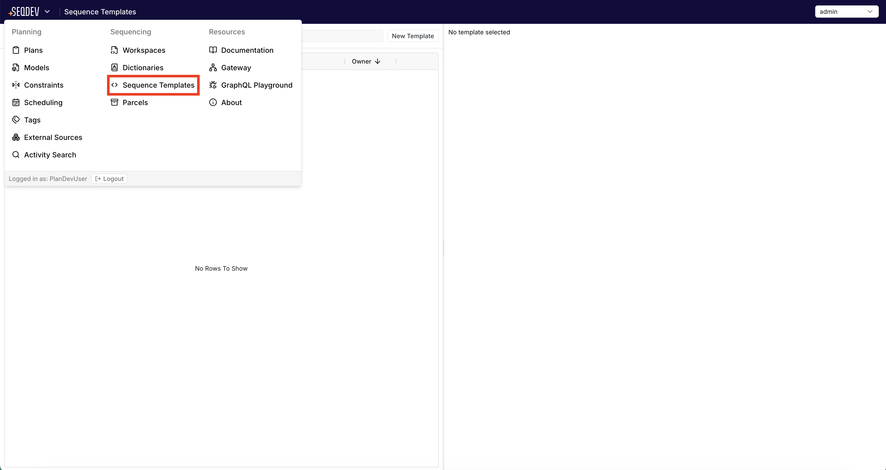 SeqDev UI - Templates Page