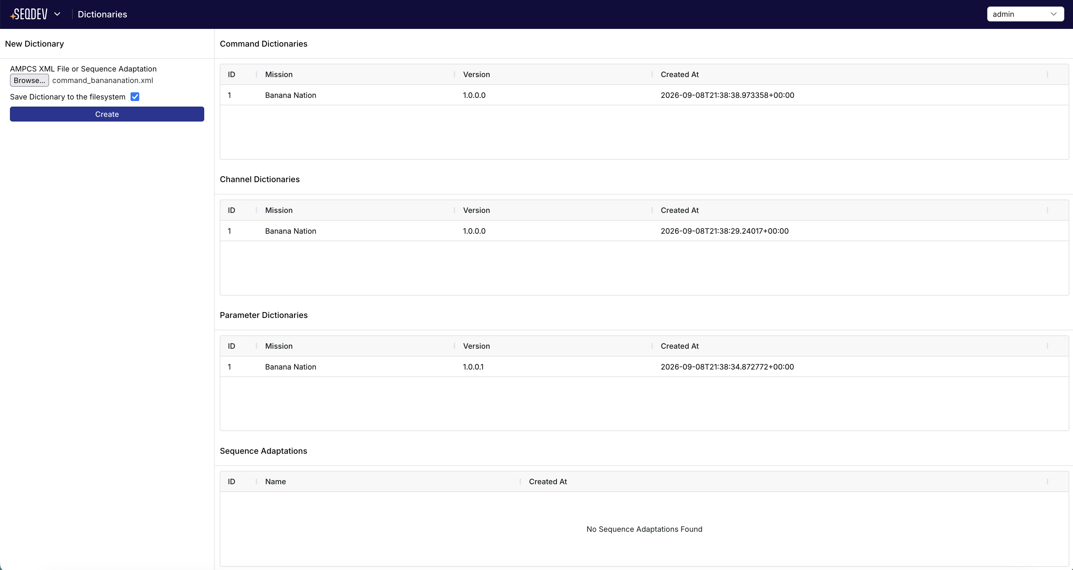 SeqDev UI - Command Dictionary Page