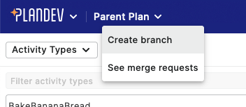 PlanDev UI - Create Plan Branch Menu