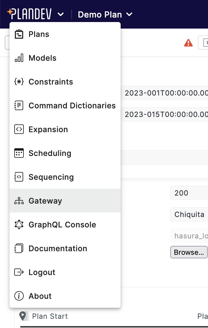 PlanDev UI - Dropdown Menu Highlighting Gateway Option