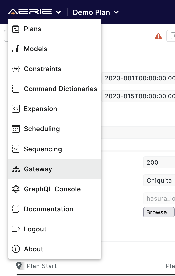 PlanDev UI - Dropdown Menu Highlighting Gateway Option