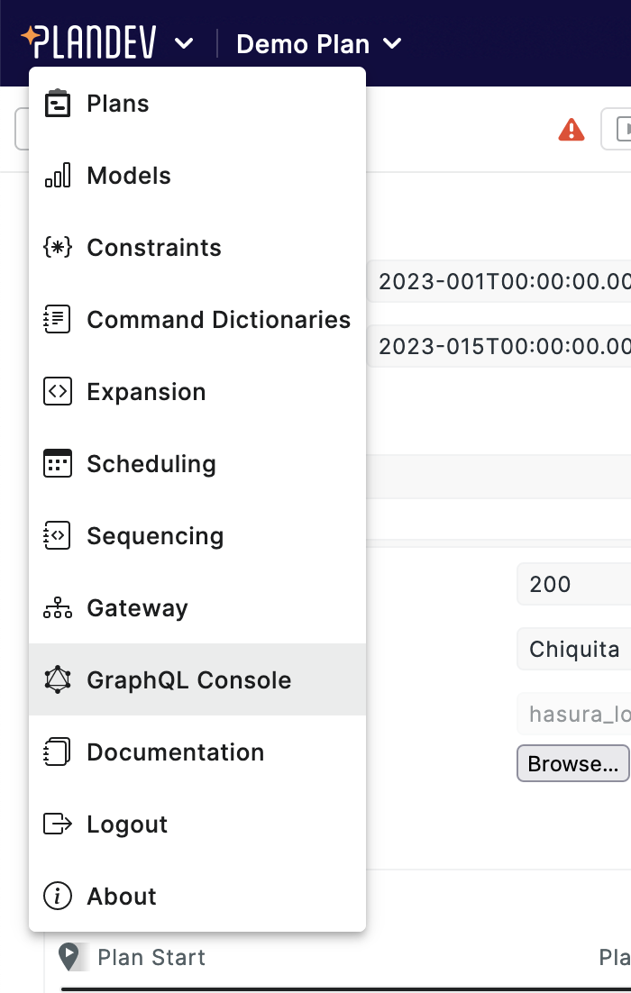 PlanDev UI - Dropdown Menu Highlighting GraphQL Console Option