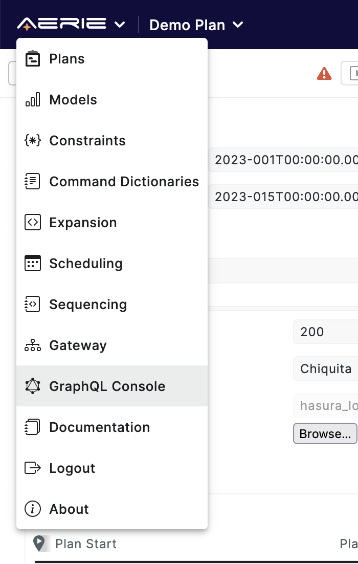 PlanDev UI - Dropdown Menu Highlighting GraphQL Console Option