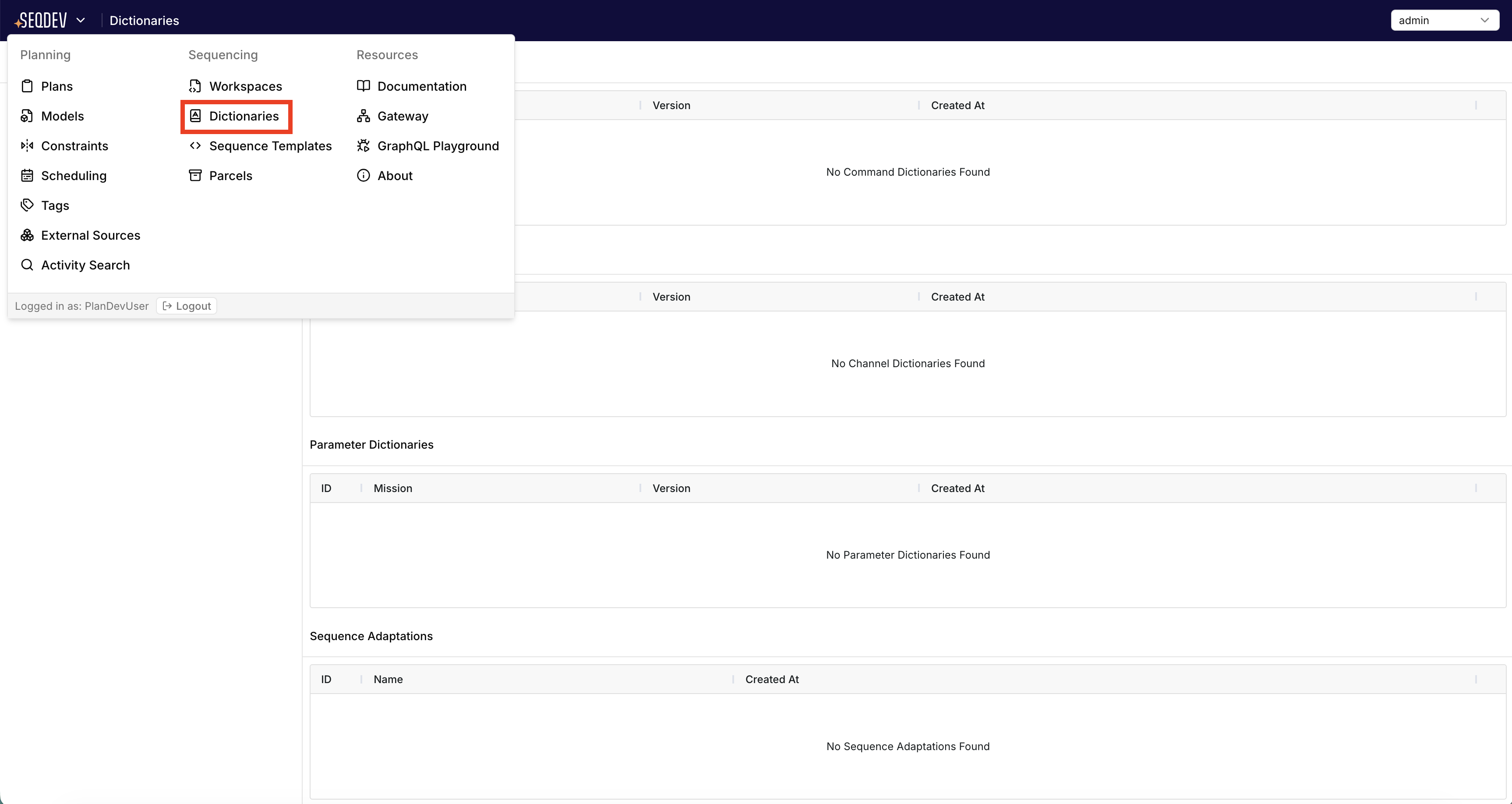 SeqDev UI - Navigation Menu