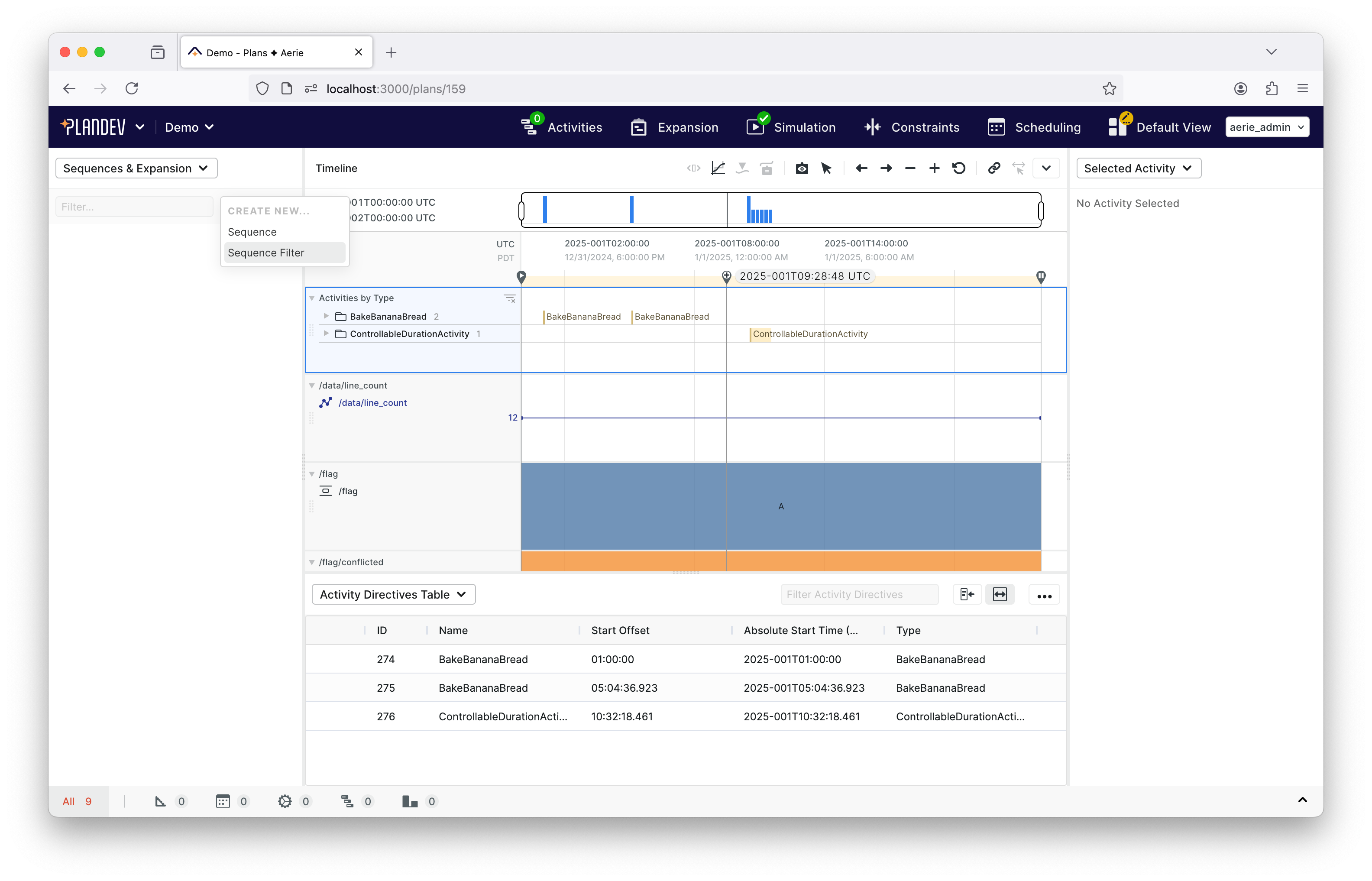 PlanDev UI - Sequence Filter Creation
