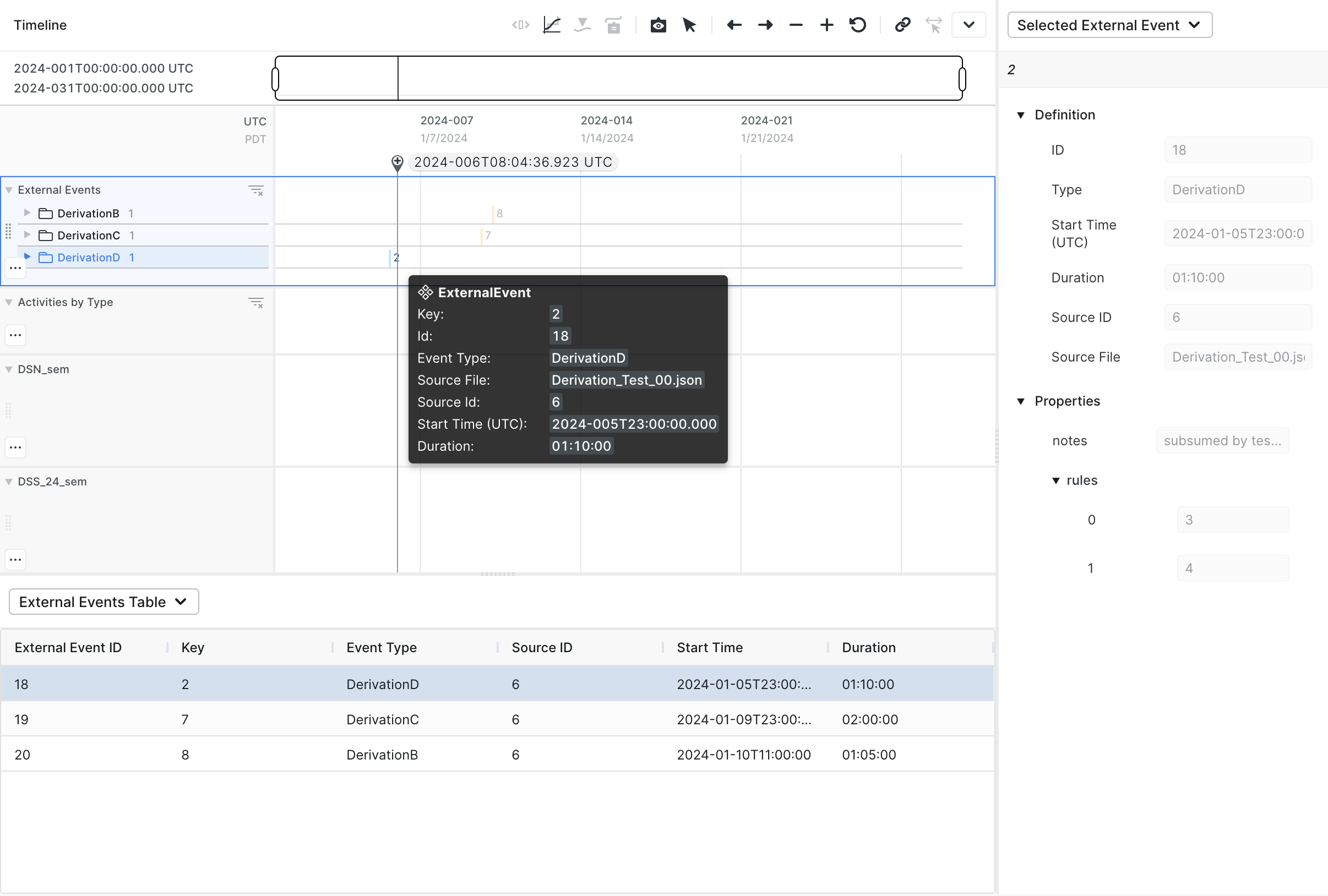 Figure 20: The selected External Event view and a table of External Events, working in tandem
