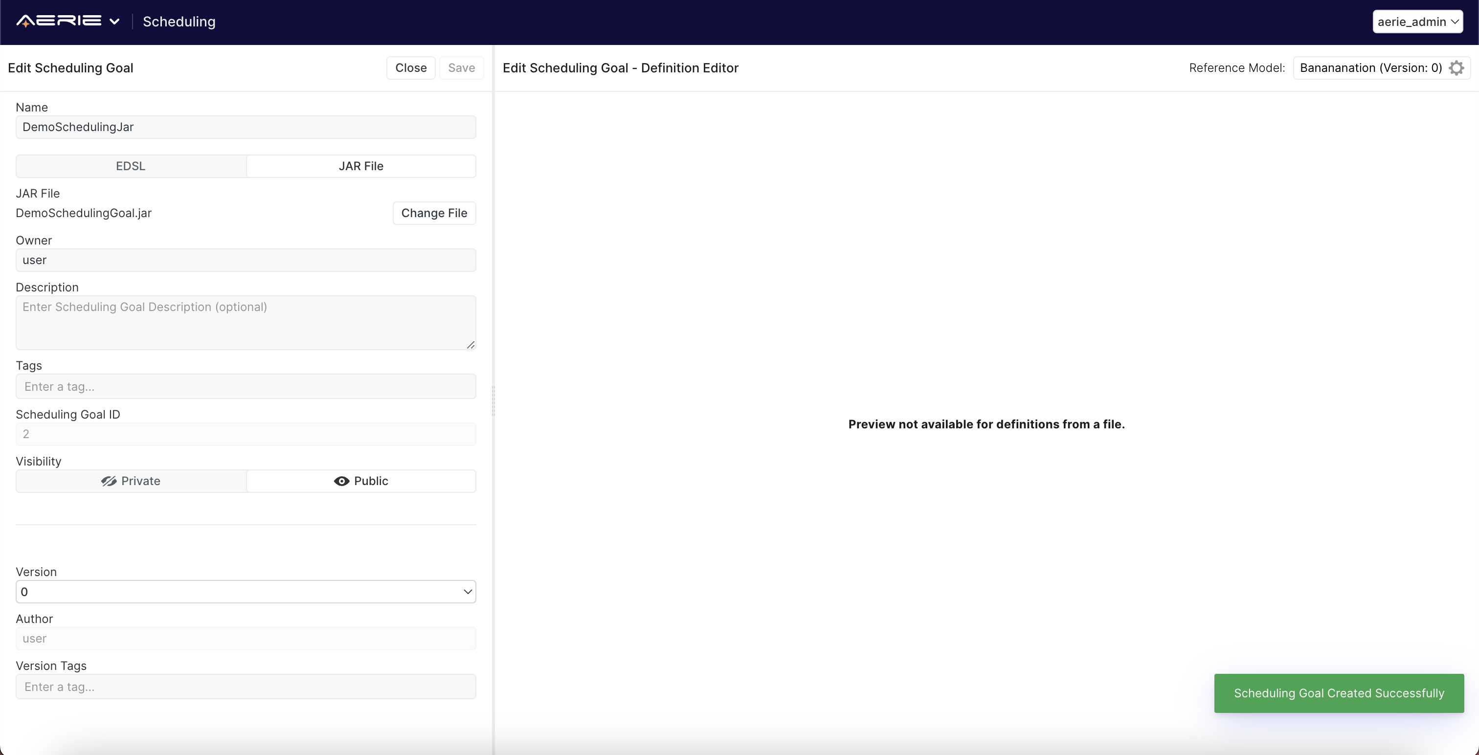 Successful scheduling goal upload