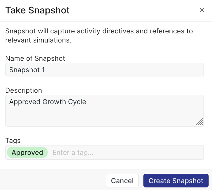 PlanDev UI - Take Snapshot Modal