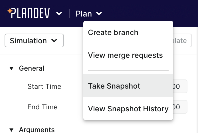 PlanDev UI - Expanded drop down under Plan in the Navbar, the option 'Take Snapshot' is highlighted